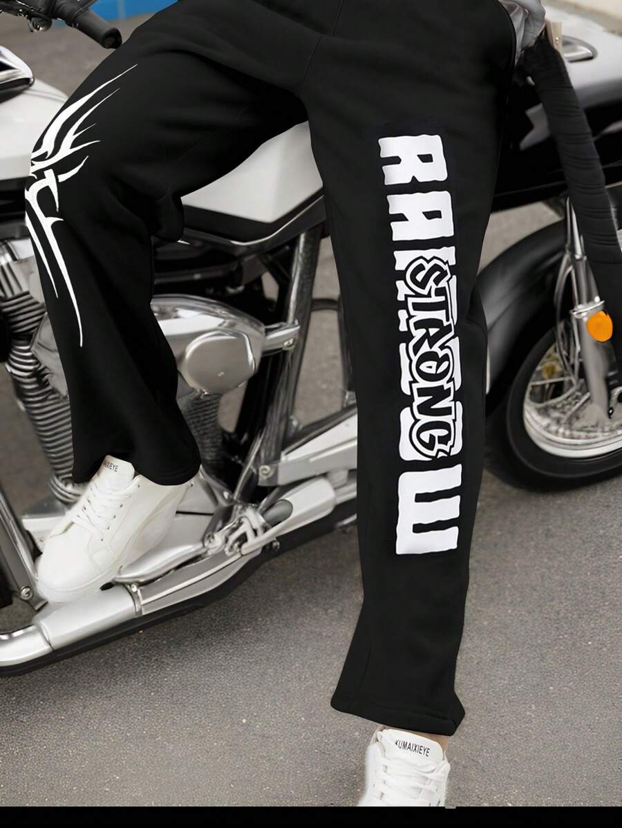 Manfinity Roughcore Pantalones de chándal casuales con cordón y bolsillos, con estampado de letras para hombre - Negro - Ver 1