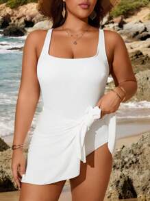 Swim Lushoire 大码女式纯色方领休闲分体泳衣夏季