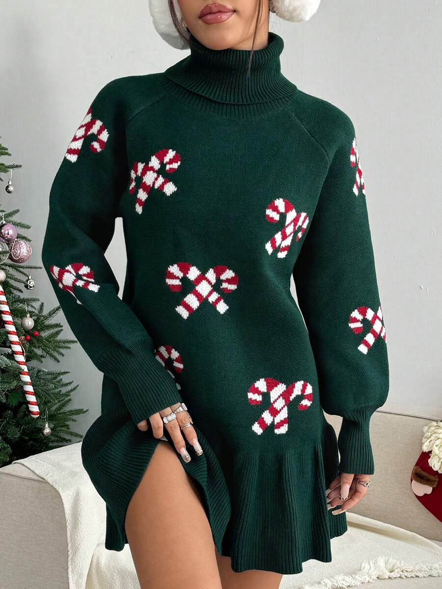 EMERY ROSE Women Christmas Warm & Comfy Candy Cane Print Lantern Sleeve Flared Hem Cute Sweater Dress Clothes - Army Green - View 1