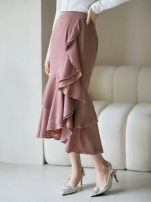 DAZY Solid Color Fishtail Ruffle Hem Skirt For Women,Fall Clothes