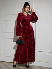 Al Najma 勃艮第红女士天鹅绒压花 3D 花朵端庄长袖连衣裙 - 酒紅色 - 查看 5