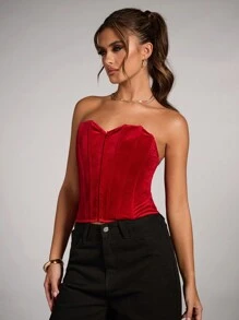 SHEIN BAE Áo lót nhung màu đỏ trơn tinh tế và lộng lẫy cho nữ, Đêm nhung, Tiệc sinh nhật, Đêm hẹn hò, Tiệc rave, Trang phục câu lạc bộ, Tiệc theo chủ đề, Quần áo hòa nhạc, Áo ngực không dây có đệm ngực, Áo corset, Trang phục hòa nhạc, Áo ba lỗ màu đỏ, Áo corset nữ, Quần áo Giáng sinh cho nữ - Đỏ - Xem 4