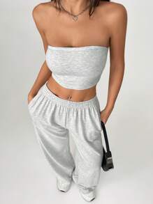 SHEIN PETITE Damskie spodnie casualowe w jednolitym kolorze, dwuczęściowy komplet - Szary - Zobacz 4