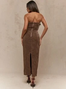 MISSGUIDED Strapless Suede Maxi Dress With Back Slit Formal Evening Gown Party Winter Fall Wedding Guest Column Dress - Coffee Brown - View 2
