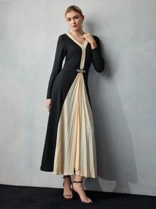 MOTF PREMIUM TWO TONE V-NECK RHINESTONE WAIST PLEATED HEM DRESS