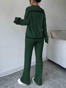 Elenzga Stand Collar Color Block Trim Long Sleeve Sweater Top And Long Pants 2 Pieces Set Fall Winter Cloth For Women