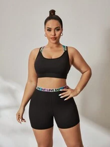 Gameset SHEIN Sport Bộ đồ thể thao cỡ lớn: Quần lót thoải mái có dây thun phổ biến, quần đùi thể thao - màu đen - Xem 5