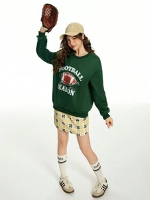 2pcs/Set Teen Girl Casual Daily Wear Letter Printed Dropped Shoulder Sweatshirt And Plaid Skirt - Multicolor - View 4