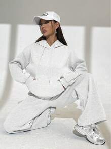 INAWLY 2pcs Women Simple Solid Color Long Sleeve Hooded Top And Pants Casual Set Fall Cloth For Women - Light Grey - View 5
