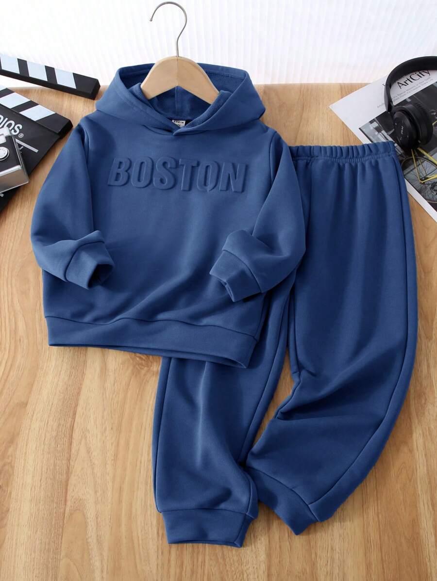 2 sztuki/zestaw dla młodych chłopców, casualowe, słodkie, codzienne, wygodne, podniesione, angielskie litery, jednolity kolor, dzianinowa, szara bluza z kapturem i spodnie, odpowiednie do podróży, szkoły, codziennych spotkań, jesień/zima