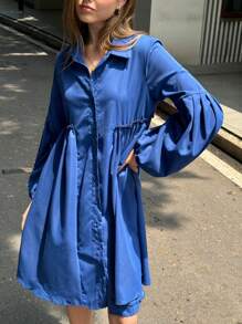 INAWLY 女士纯色灯笼袖宽松休闲衬衫裙，春夏返乡节连衣裙 - 藏蓝色 - 查看 3