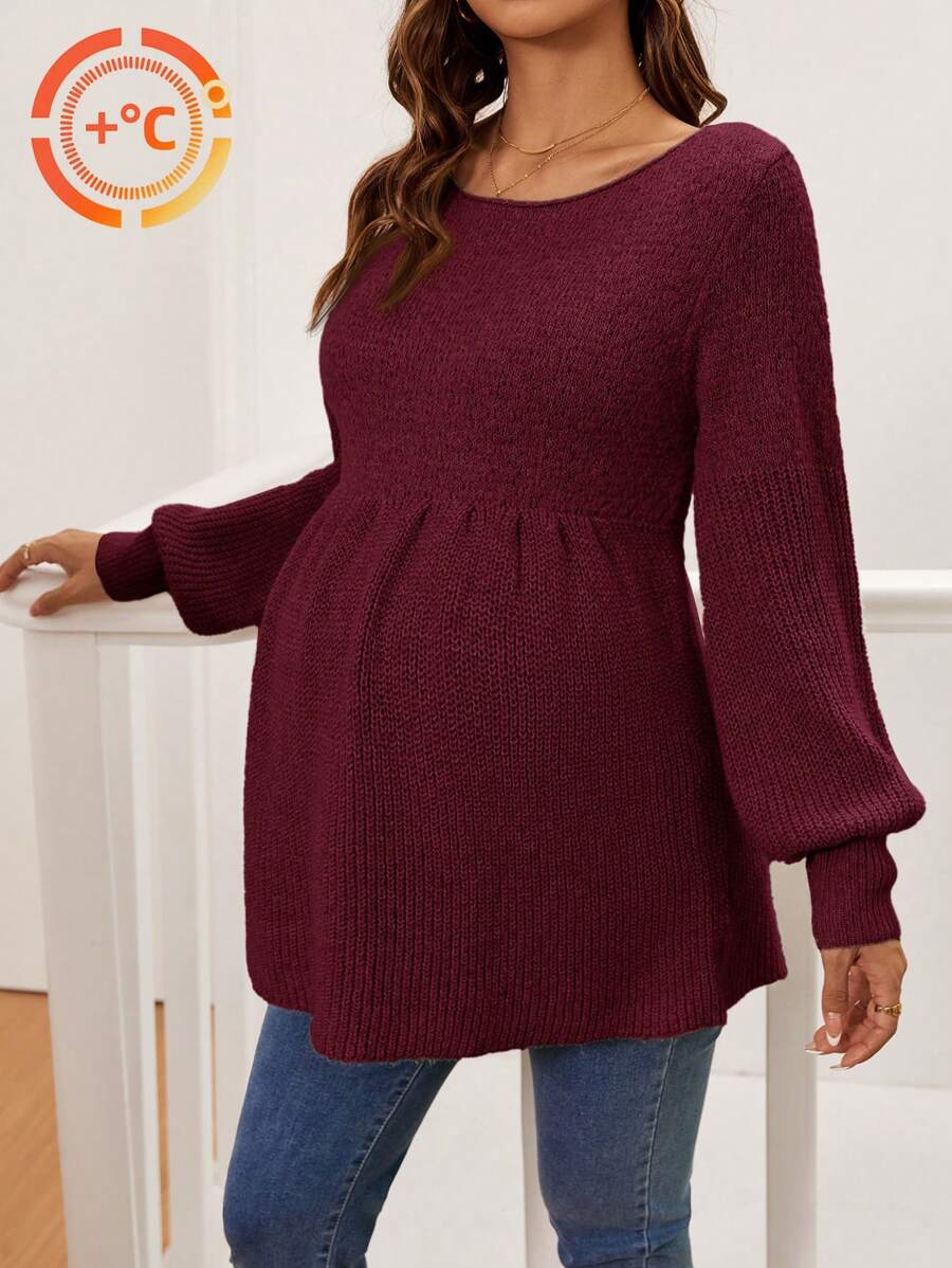 SHEIN Maternity Solid Color Round Neck Long Sleeve Pleated Casual Pullover, For Winter - Burgundy - View 1