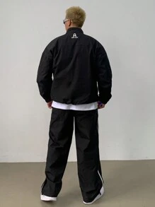 DAZY Men's Letter Print Stripe Stitching Jacket Set, Autumn - Black - View 2