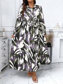 Celure Plus Size Women's Full Print Puff Sleeve Tie Waist Dress, Spring/Autumn - Olive Green - View 6