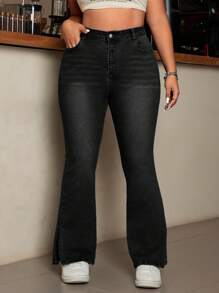 SHEIN ICON 大码休闲水洗开叉修身喇叭腿牛仔裤 - 黑色 - 查看 5