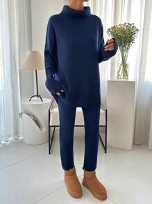 EURMUSE Set 2 buc. Pulover cu mâneci lungi cu guler roscat si pantaloni, tinuta casual - Albastru marin - Vizualizare 1