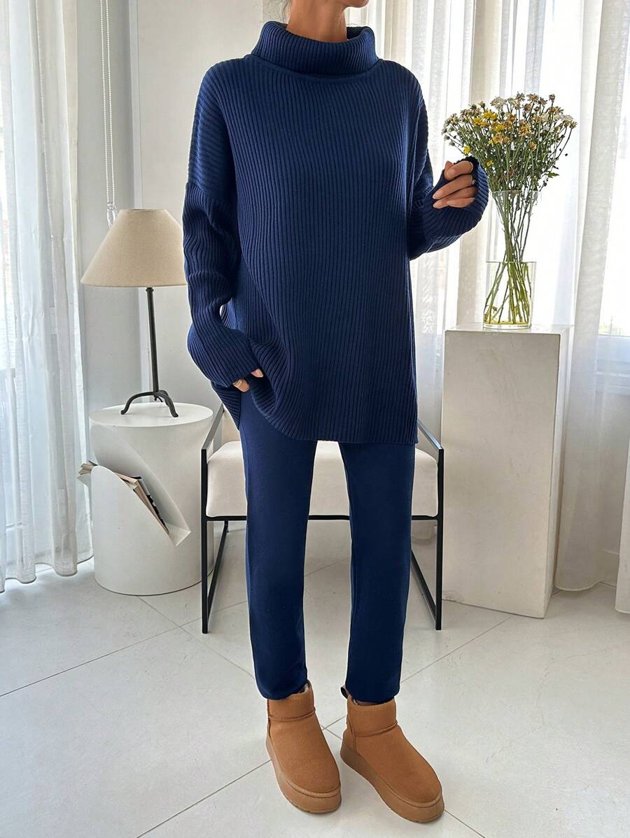 EURMUSE Set 2 buc. Pulover cu mâneci lungi cu guler roscat si pantaloni, tinuta casual - Albastru marin - Vizualizare 1