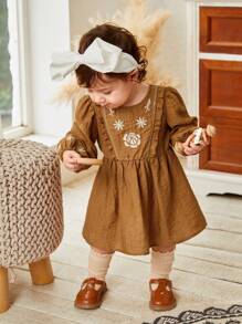 SHEIN Baby Girl Floral Embroidery Round Neck Lantern Sleeve Cute Doll Dress, Autumn - Rust Brown - View 5