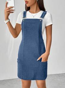 Flirla Women's Simple Casual Summer Corduroy Suspender Dress With Dual Pockets - Blue - View 3