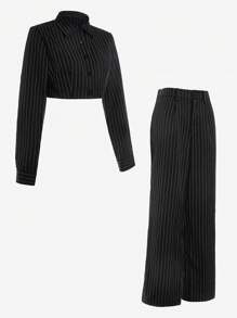 SHEIN Unity 2pcs Set Casual Commuter Style Striped Long Sleeve Cropped Top And Suit Pants - Black - View 5