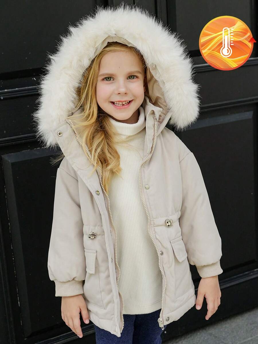 年轻女孩休闲户外功能性派克大衣，带羊毛帽领，厚实保暖，防风，收腰，多个口袋，中长外套，适合冬季和户外活动。内层采用厚毛绒制成，保暖性好，可与任何薄内衣搭配。 - 杏色 - 查看 1