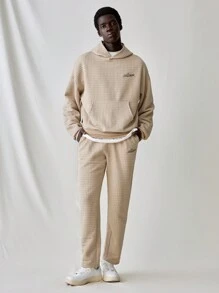 Manfinity VCAY 2 件套年轻男士休闲针织面料宽松长袖连帽衫和直筒抽绳腰裤套装，适合秋冬 - 杏色 - 查看 1