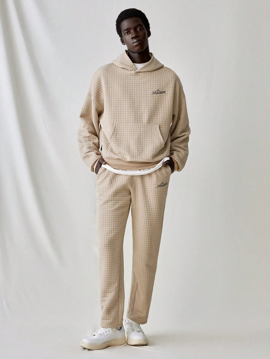 Manfinity VCAY 2 件套年轻男士休闲针织面料宽松长袖连帽衫和直筒抽绳腰裤套装，适合秋冬 - 杏色 - 查看 1