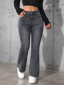 SHEIN PETITE 女式前扣口袋纯色牛仔裤，休闲日常穿着 - 灰色 - 查看 3