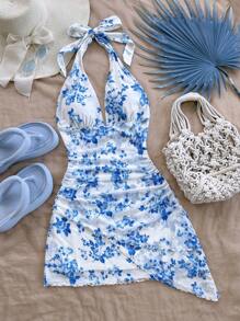 Soleia Vacation Women's Blue & White Floral Print Halter Backless Bowknot Asymmetrical Hem Ruffle Hem Dress,Fall&Winter Women Clothes,Thanksgiving Women Outfit,Christmas Women Clothes,Christmas Party Dress,Christmas Dress,Princess Women Costume,Thanksgiving Dress,Hot Pink Dress,Holiday Dress,Greek Goddess Dress,Hippie Women Clothes,Fairy Core,Fairy Dress,Summer Dresses For Women