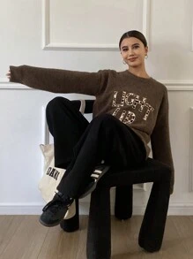 DAZY Pulover cu guler rotund, croială lejeră, cu imprimeu leopard și litere, pentru femei, cu imprimeu ghepard, haine de toamnă pentru femei - Maro - Vizualizare 8