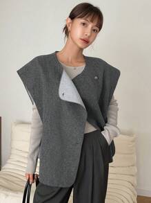 Dazy-Less Áo khoác vest không tay hai hàng khuy cho nữ, màu trơn, phong cách cổ điển dành cho mùa thu đông, trang phục công sở cho nữ - Màu Xám nhạt - Xem 5