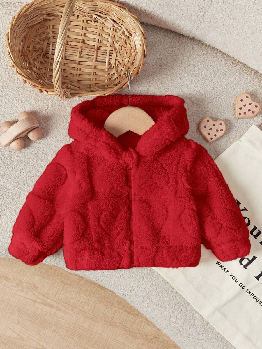 SHEIN LMoss Kids 新生女婴可爱纯色毛茸茸心形图案连帽衫厚夹克秋冬季 - 紅色 - 查看 1