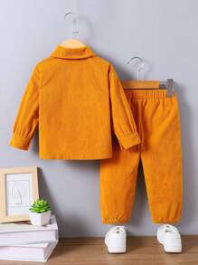 男婴格子拼布纽扣前长袖开衫和纯色抽绳裤两件套服装，适合休闲街头穿着，春秋季 - 黃色 - 查看 2