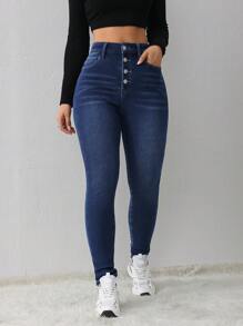 SHEIN Tall CURVE Klassische Jeans in Große Größen für jeden Anlass, Damen High Waist Jeans aus blauem Denim mit funktionalen Taschen und einzigartiger Knopfdetaillierung für einen modernen Look, thermisch gefütterte Jeans - Blau - Übersicht 5