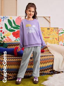 Bộ đồ thường ngày 2 món in khẩu hiệu cổ tròn trễ vai cho bé gái tuổi mới lớn, mùa thu - Nhiều màu - Xem 1