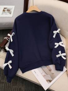 Chiquease 女士休闲圆领长袖毛衣，饰有蝴蝶结，套头衫，秋季款 - 藏蓝色 - 查看 2