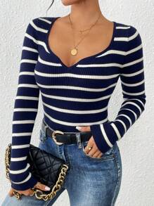 Chiquease Women Casual Everyday Notched Collar Striped Fitted Long Sleeve Sweater, Autumn/Winter - Royal Blue - View 6