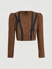 SHEIN MOD Chaqueta de mujer con cuello redondo, manga larga y adorno de encaje con lazo, chaqueta marrón, chaquetas de mujer para otoño, chaquetas de pana, chaquetas con lazo de encaje, atuendo de los 90, ropa de mujer para invierno, atuendos de vaquera, atuendos de Nashville, estilo campestre, disfraz de vaquera