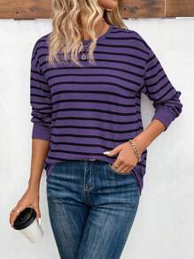 SHEIN LUNE 休闲撞色条纹落肩长袖T恤，秋季印花T恤，女士春季上衣 - 紫色 - 查看 4