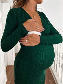 SHEIN 1pc Pregnant Women V-Neck Solid Color Long Sleeve Side Knot Fitted Elegant Dress, Autumn, For Maternity