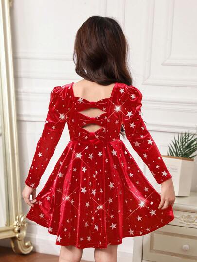 SHEIN Young Girl Young Girl Elegant Backless Bow Puffed Sleeve Velvet Holiday Red Autumn Dress, Sizes 9, 2', For Christmas