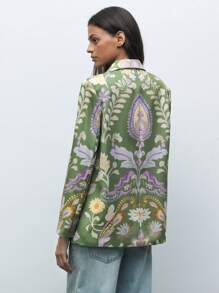 SHEIN X LOS FAVORITOS DE ANA GONZALEZ Maija 女士数码印花绿色单排扣西装外套，休闲度假装，适合圣帕特里克节、复活节、春假、音乐节等场合，秋冬季复古风尚之选。 - 綠色 - 查看 3