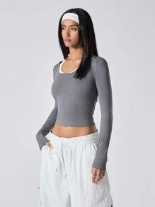 Muchica Contrast Color Round Neck Pleated 2 In 1 Tight Fit Long Sleeve T-Shirt - Grey - View 3