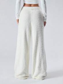 LYSMO Solid Color Front Tie Pocket Warm Coral Fleece Lounge Pants - White - View 2