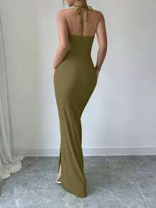 Breezaya 女士性感露背系带镂空高开叉超长紧身连衣裙 - 軍綠色 - 查看 2