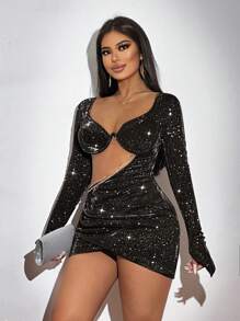 SHEIN SXY 女士时尚性感镂空钻石链条细节迷你紧身连衣裙，夏季和秋季 - 黑色 - 查看 4