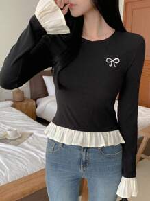 DAZY Women's Round Neck Contrast Color Butterfly Print Ruffle Hem Long Sleeve Knit T-Shirt - Black - View 5