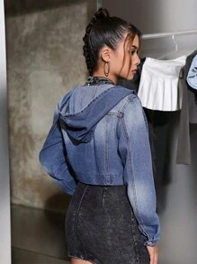 SHEIN Teen Girls Y2K Fashion Retro Patched Pocket Hoodie Crop Denim Jeans Jacket - Dark Wash - View 2