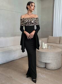 Firerie 1 pieza Vestido elegante de mujer con estampado de leopardo, manga de campana y hombros descubiertos