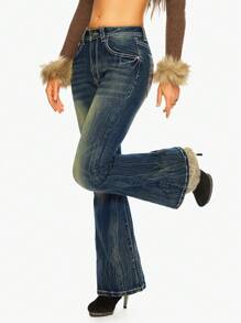 ROMWE J-Fashion Quần Jeans Nữ In Hình Trái Tim Pha Lê Cạp Thấp Phong Cách Harajuku Y2K Màu Tương Phản - Màu xanh lam - Xem 7